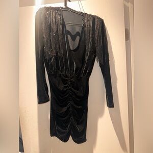 Black Zara body-con dress with padded sequin shoulder.